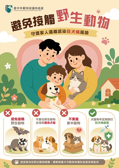 民眾所飼犬貓應「避免接觸野生動物」等狂犬病共域動物防疫作為宣導海報
